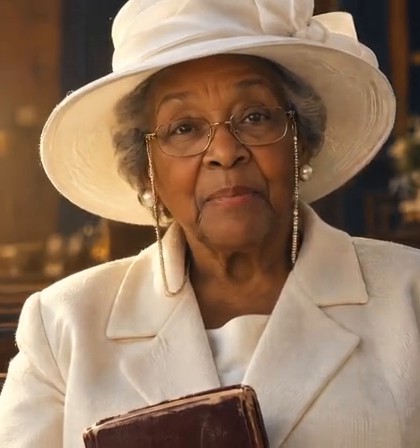 Mother Ruby in a cream church suit and wide-brimmed hat, her Bible in her lap, smiling from the pew.