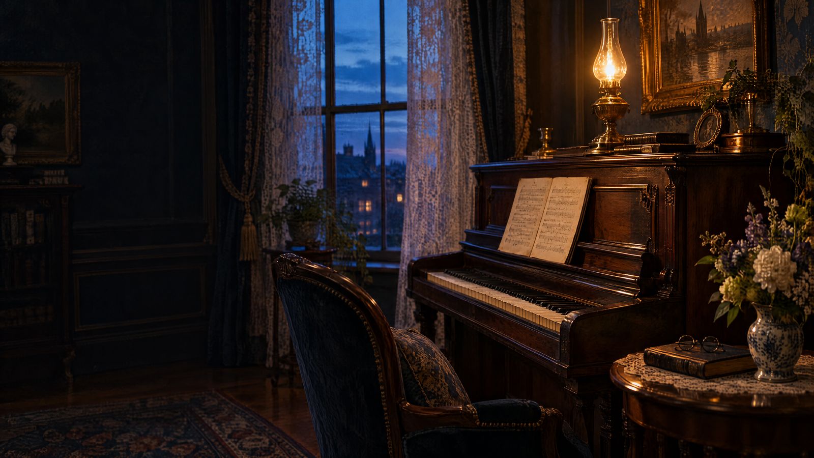 An upright parlor piano lit by an oil lamp at dusk, sheet music open on the stand.