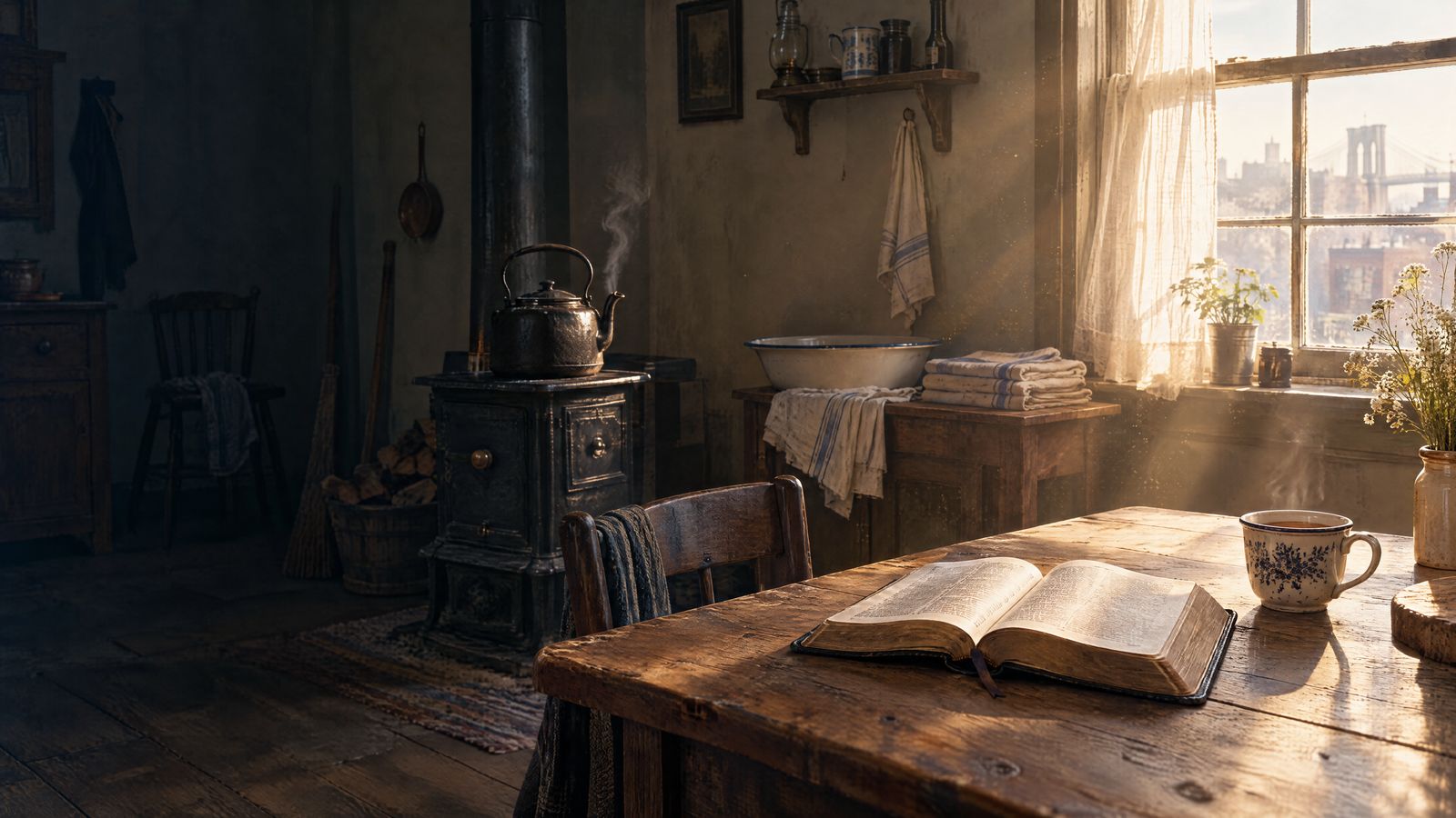 A sunny kitchen with a woodstove, a teakettle and an open Bible beside a cup of tea at the window.