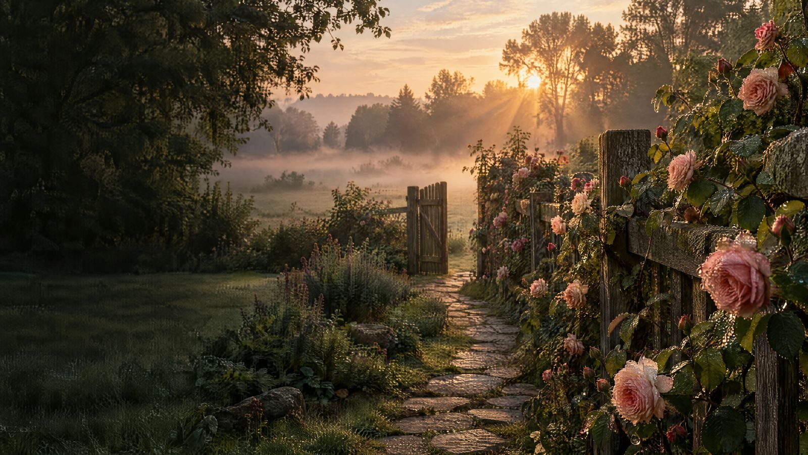 A stone path through a rose garden at sunrise, with morning mist over the field beyond a wooden gate.