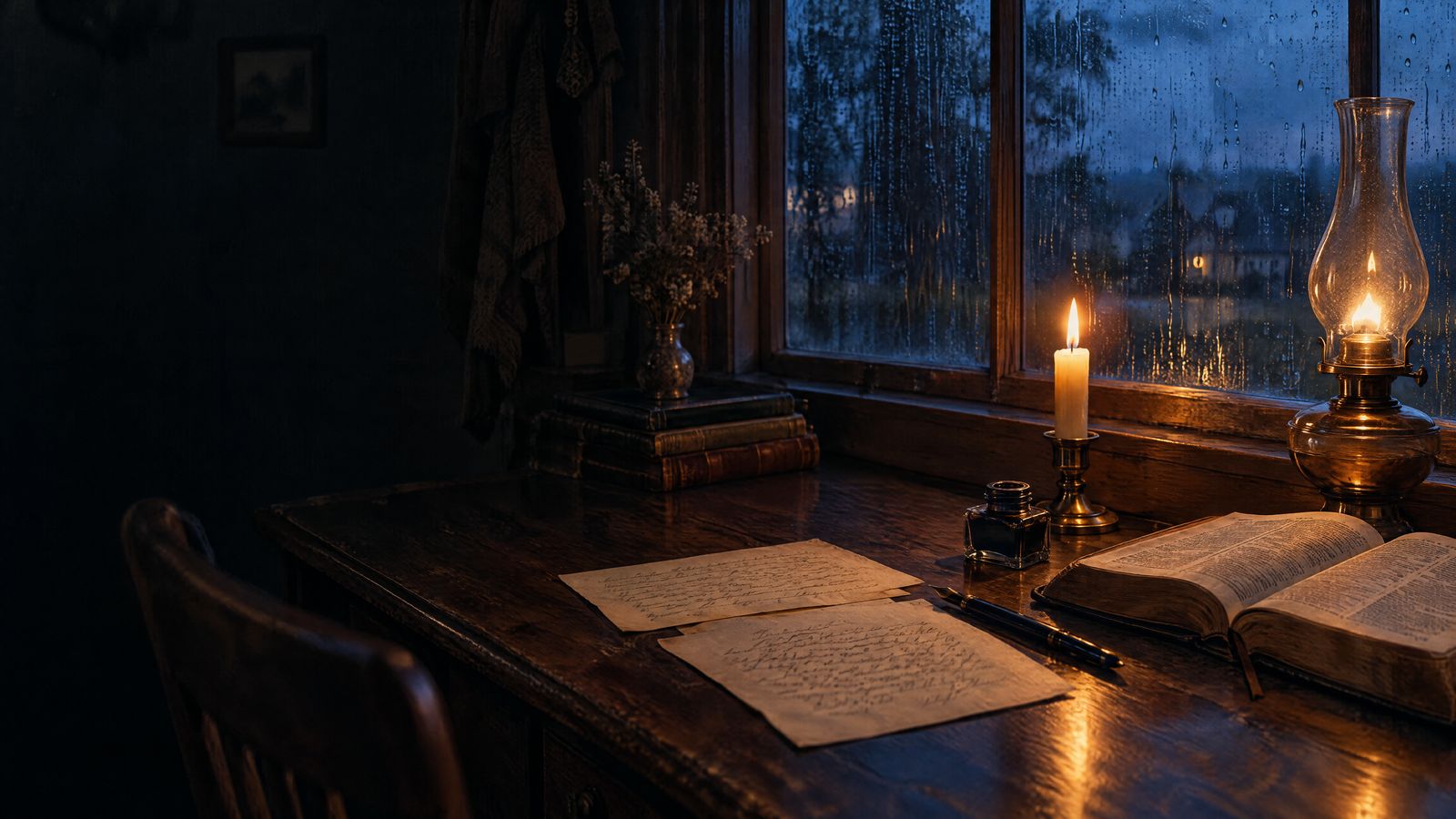 A writing desk at night with handwritten letters, a candle, an oil lamp and an open Bible, rain on the window.