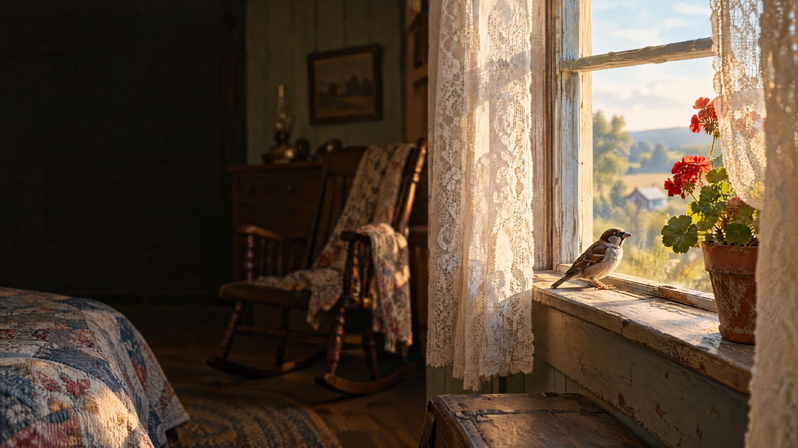 A sparrow on a windowsill beside red geraniums and lace curtains, a quilted bed and rocking chair in the room.