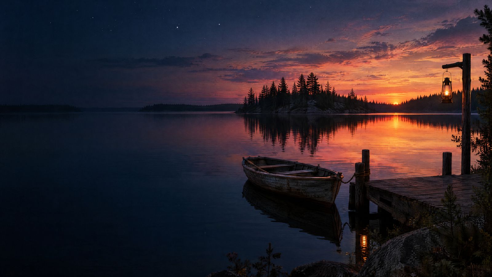 A wooden rowboat tied at a lake dock at sunset, a lantern glowing on the post.