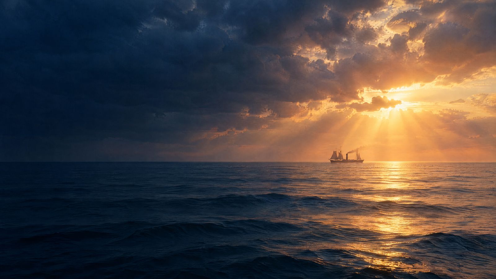 Sunlight breaking through storm clouds over the open ocean, a ship far off on the horizon.